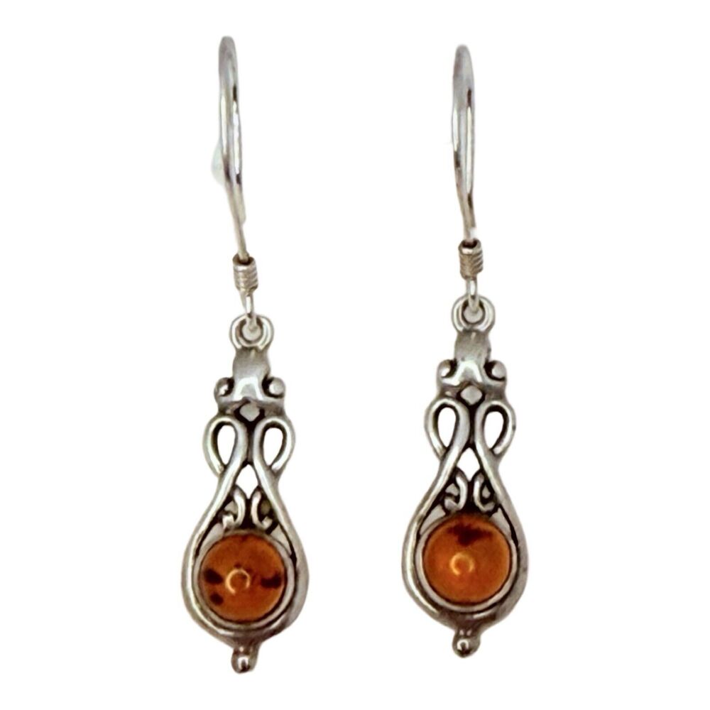 Baltic Amber Dangle Earrings 1 5/8" 925 Sterling Silver Cognac Honey Brown Fancy
